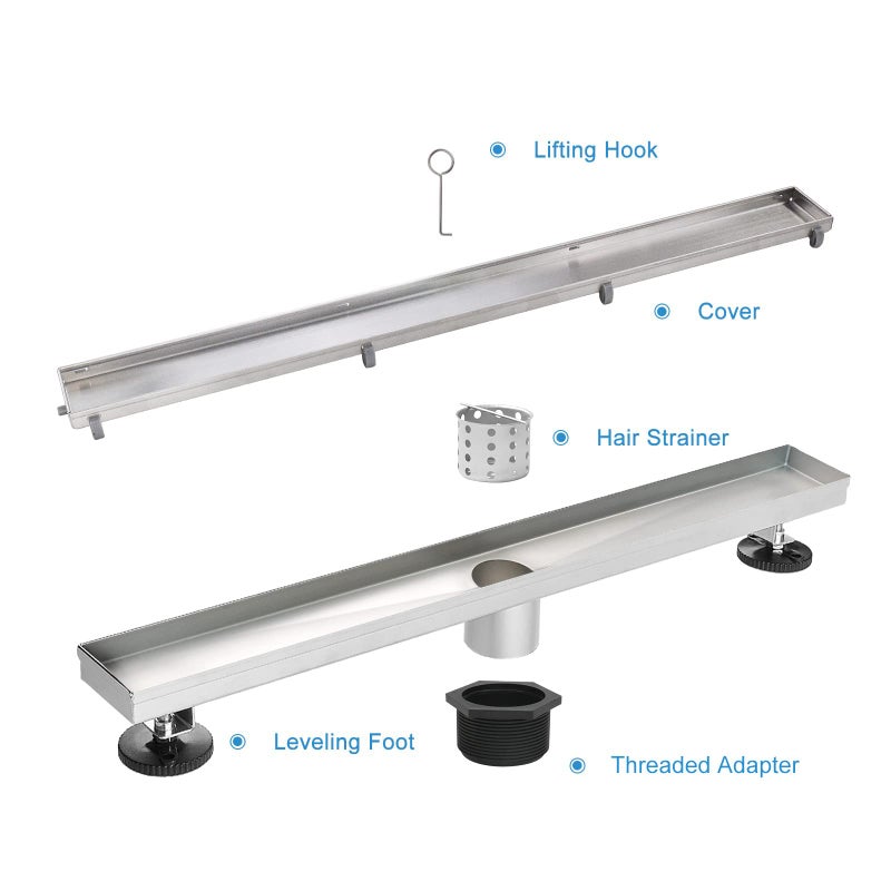 Elefloom مصرف دش خطي إلفلوم، 24 بوصة مع إدخال بلاط 2 في 1، مصرف أرضية دش من الفولاذ المقاوم للصدأ 304 المصقول، مصرف خطي مع مصفاة شعر وأقدام قابلة للتعديل - Image 4